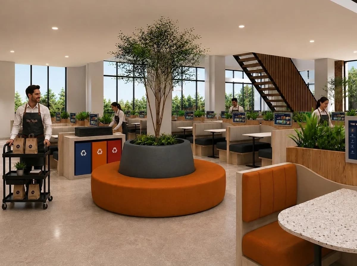 Render de la zona del árbol, con banca circular naranja y mesas de terrazo bajo cerchas de madera
