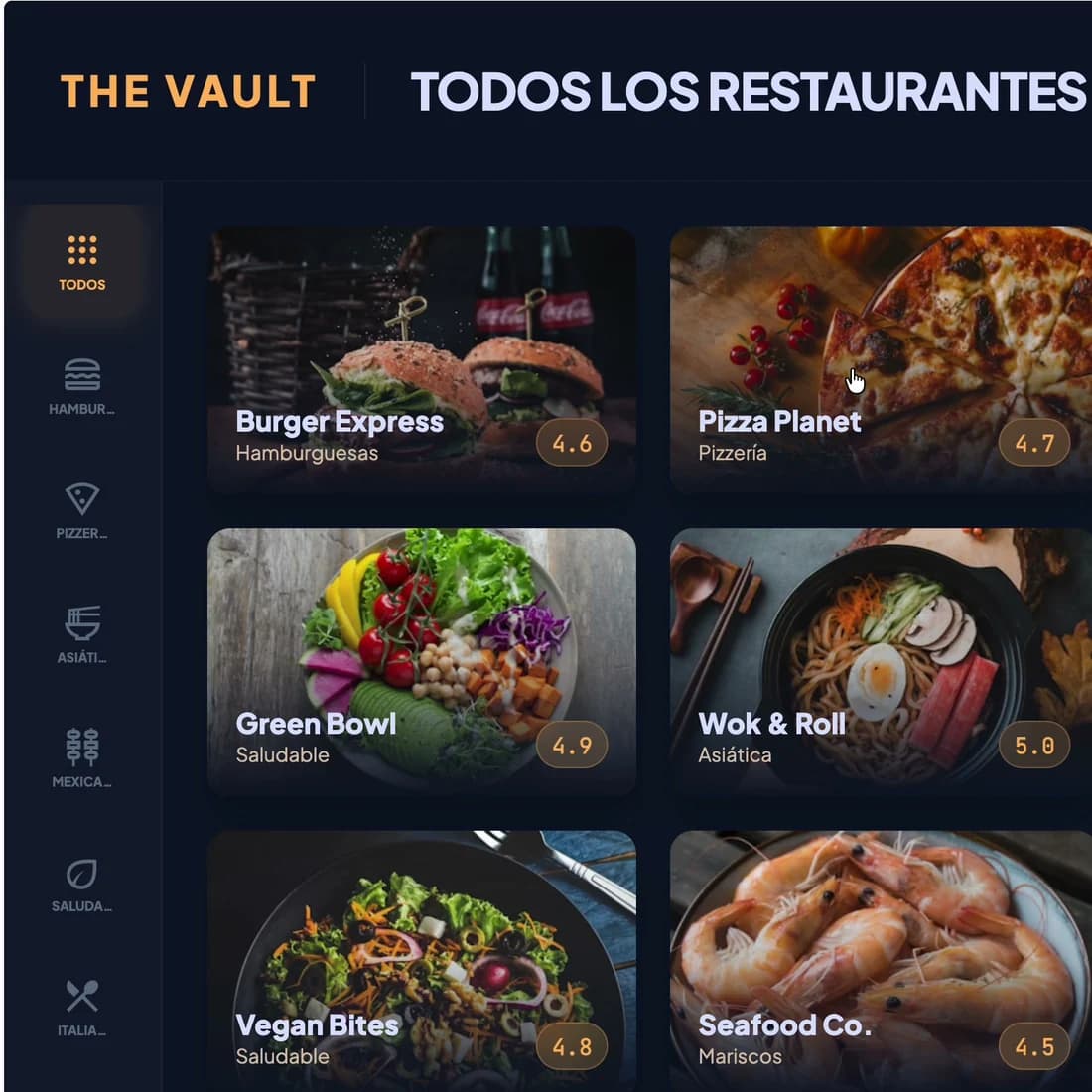 Interfaz The Vault mostrando el catálogo de todos los restaurantes de la plazoleta