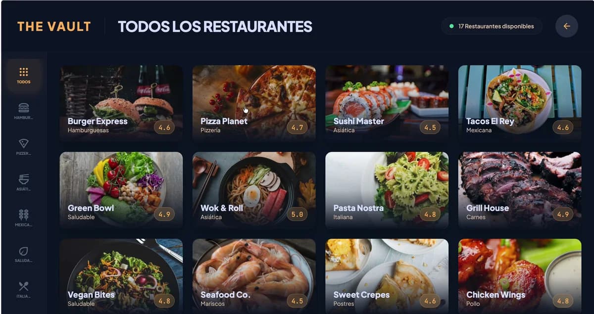 Catálogo con los 17 restaurantes disponibles, cada uno con foto y calificación