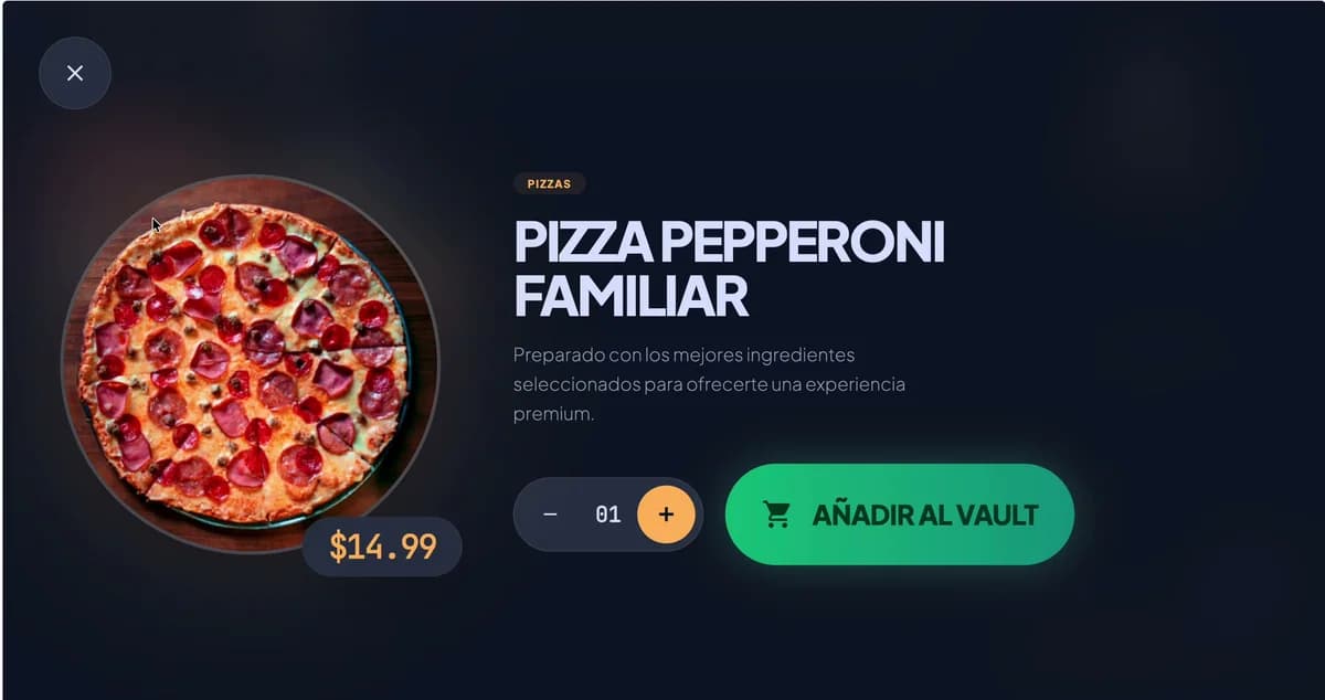Ficha de una pizza con descripción, precio y botón para añadirla al pedido