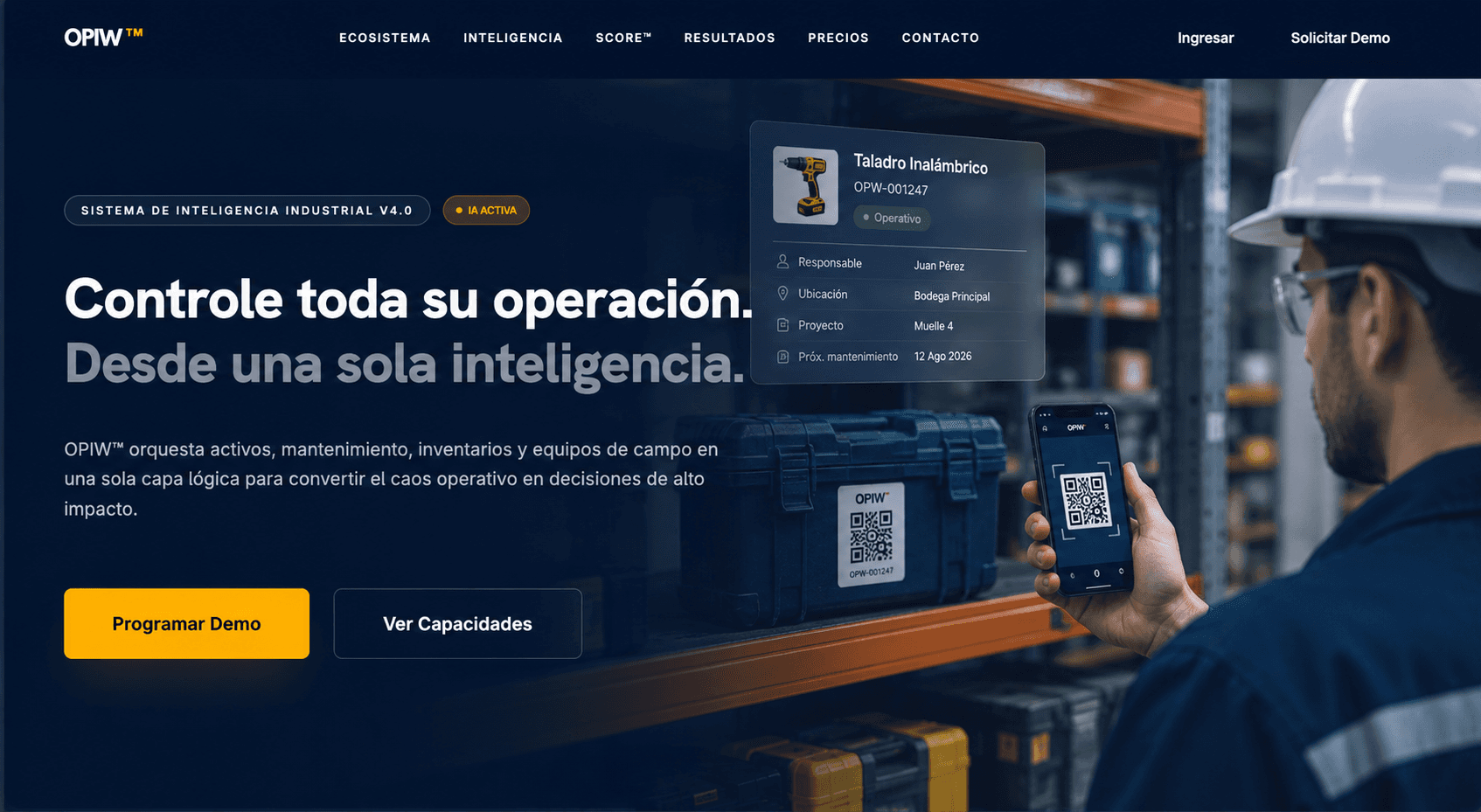 Página de presentación de OPIW con la ficha de un activo y lectura de código QR