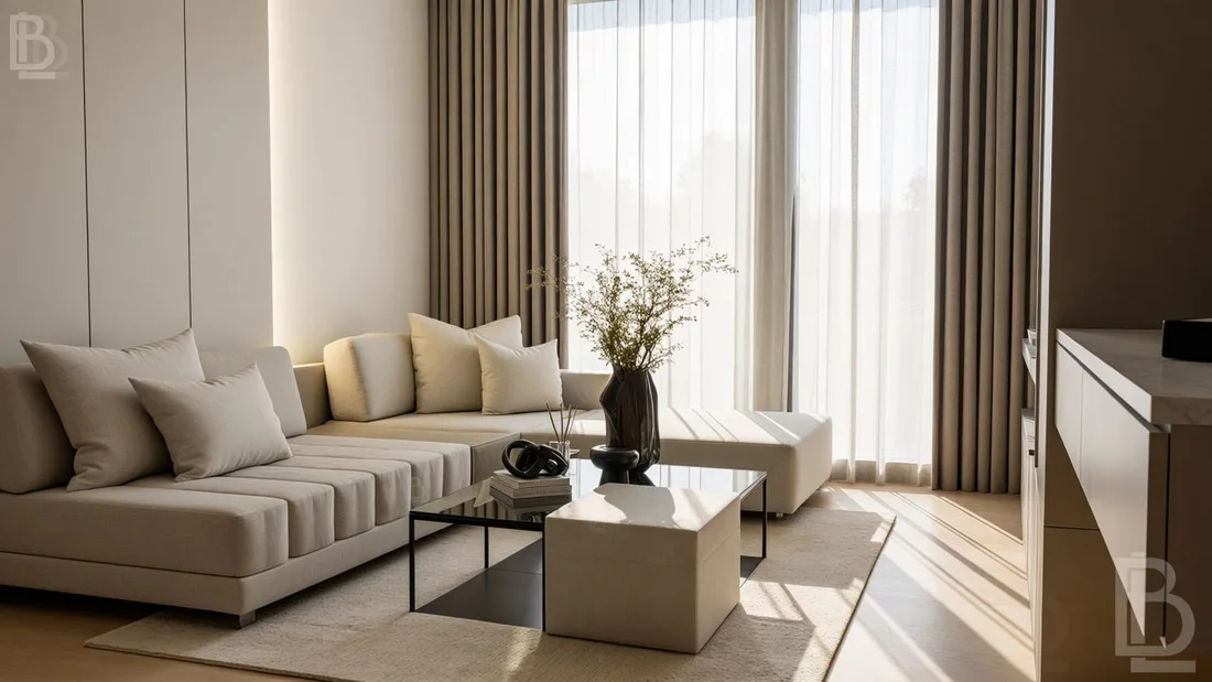 Sala de estar con sofá modular claro, cortinas hasta el techo y luz natural lateral