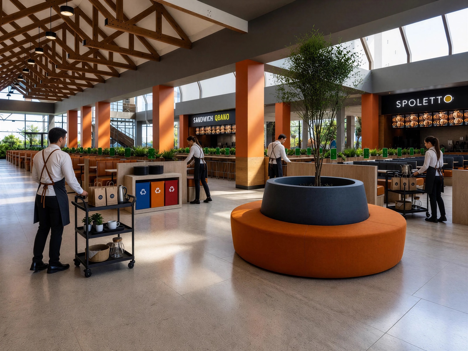 Diseño de interiores y mobiliario a medida de alto tráfico en food hall comercial