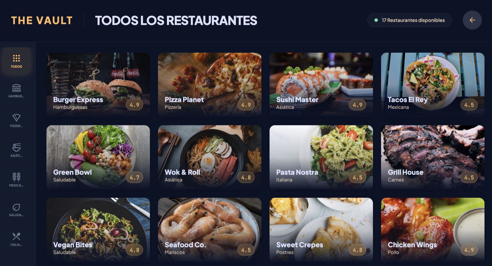 Interfaz de The Vault: selección de restaurantes en kiosko de pedido