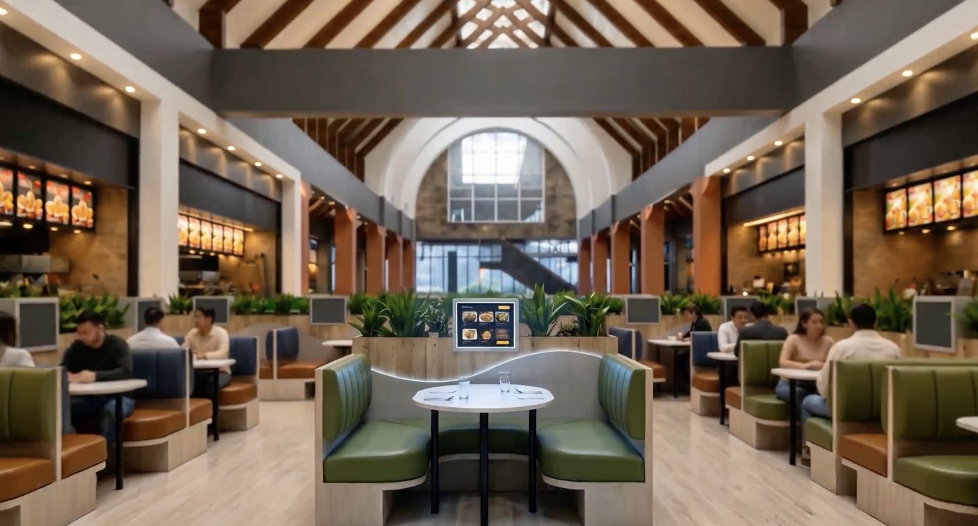 Food Hall con mesas inteligentes y comensales